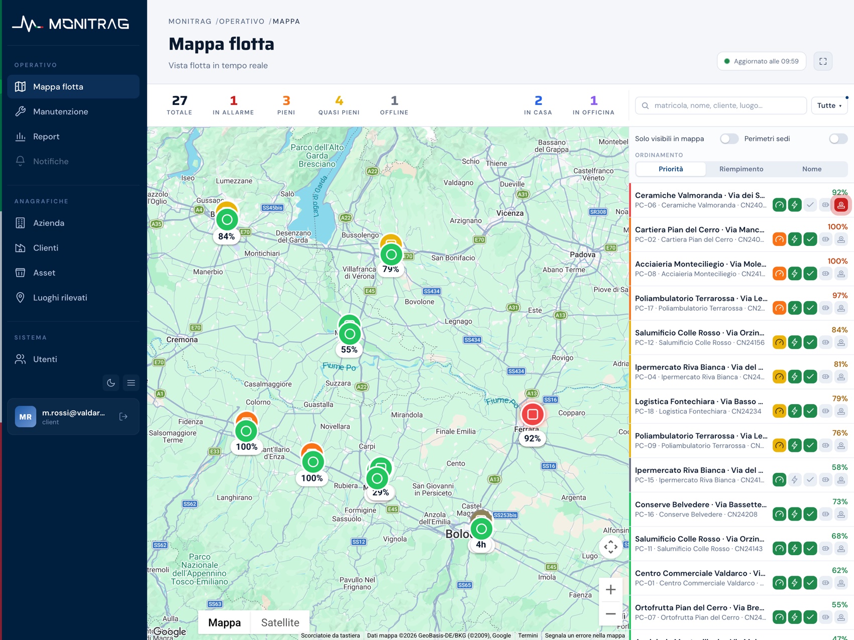 Portale monitrag, vista Mappa flotta con elenco laterale delle attrezzature
