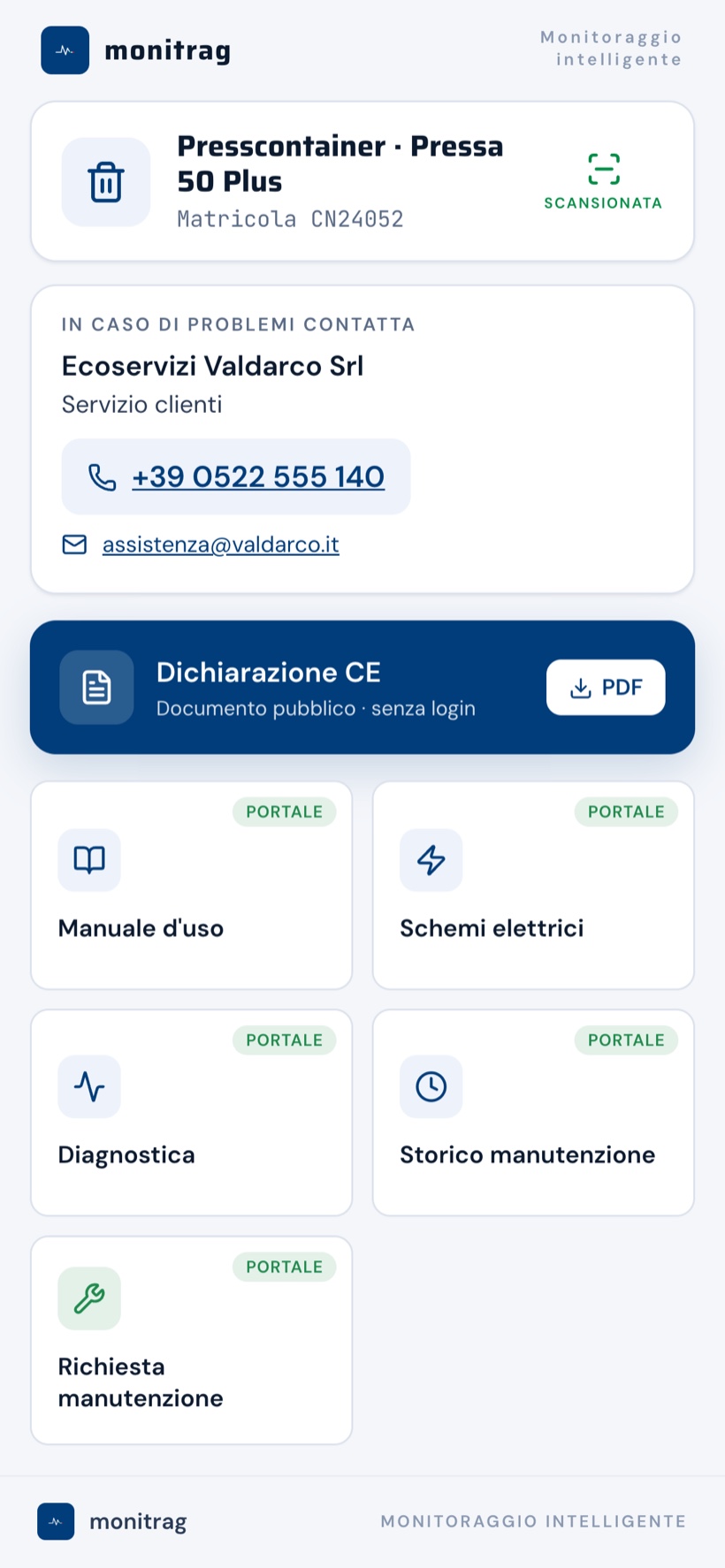 Scheda pubblica di un presscontainer aperta da QR code sullo smartphone