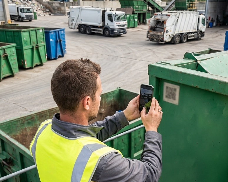Operatore che identifica un presscontainer inquadrando la targhetta con lo smartphone