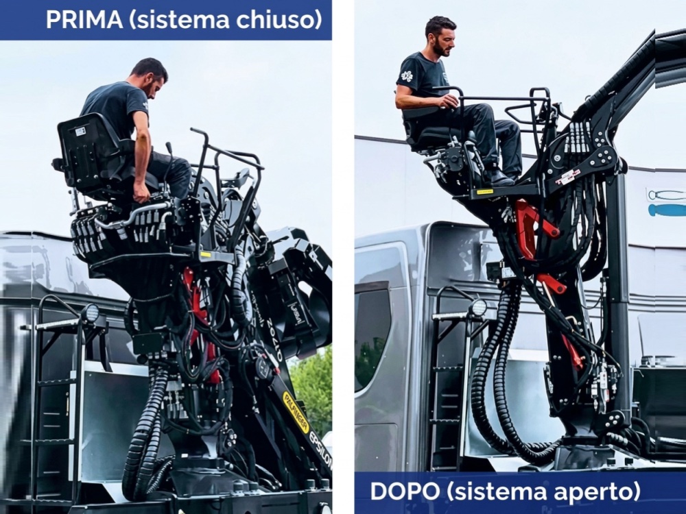 Sistema lifter CBS: seggiolino della gru in posizione chiusa e in quota di lavoro