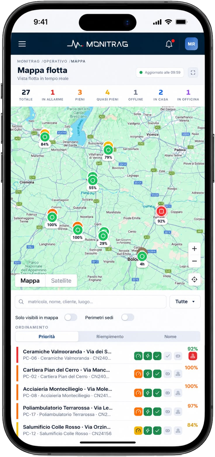 La mappa della flotta monitrag aperta su uno smartphone
